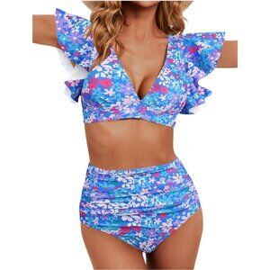 Womens Med Floral Ruffled Bikini Set Tropical High Waist Two-Piece Swimsuit Blue